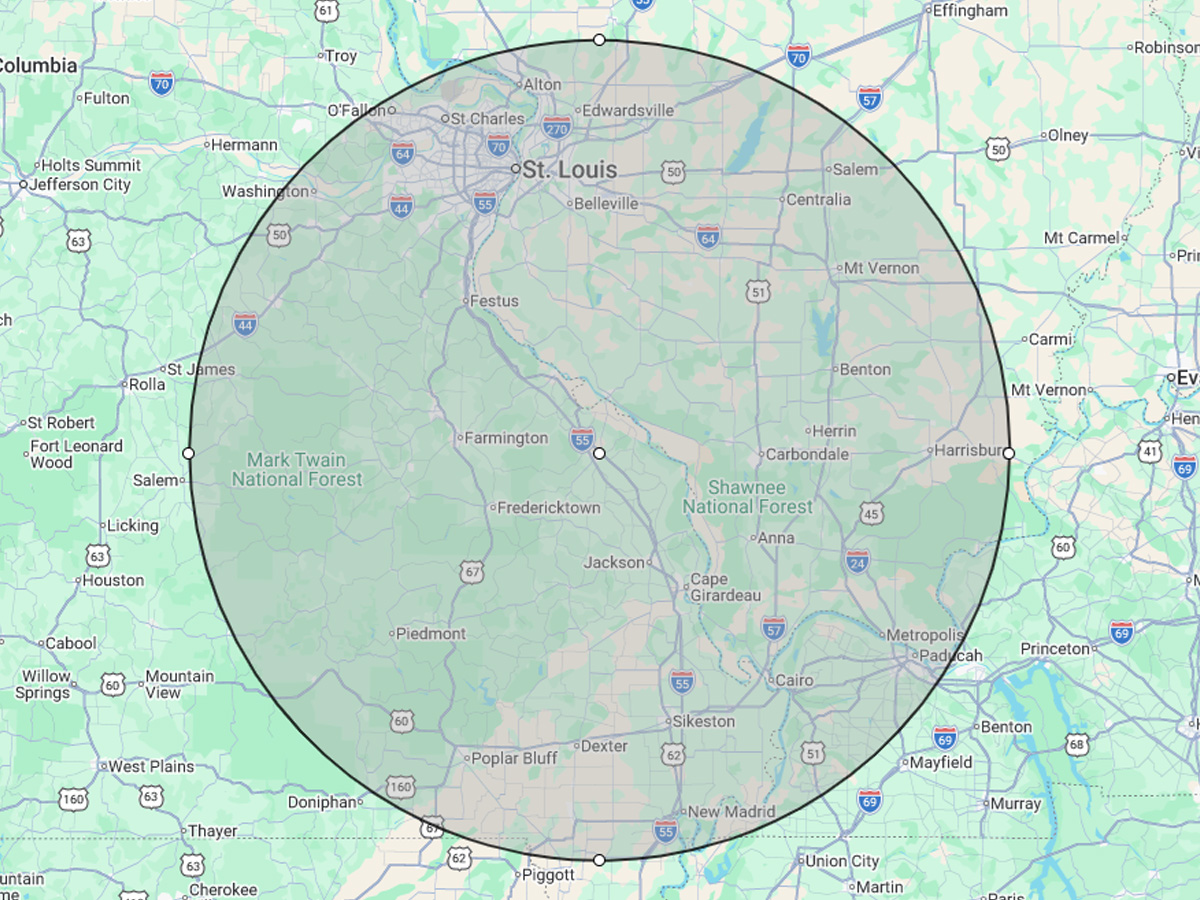 Service area map for A-Team Consulting and Contracting serving Perryville and Southeast Missouri